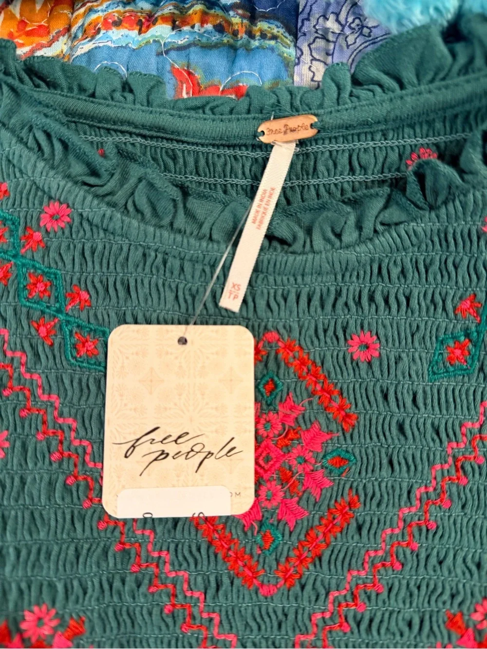 Free People Forest Green Peasant Tunic with Pink and Red Embroidery